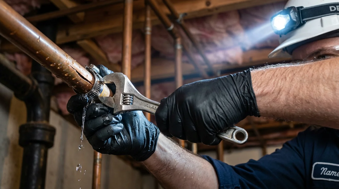 Emergency pipe clamp repair being performed by a Johns Plumbing LLC plumber in Milan