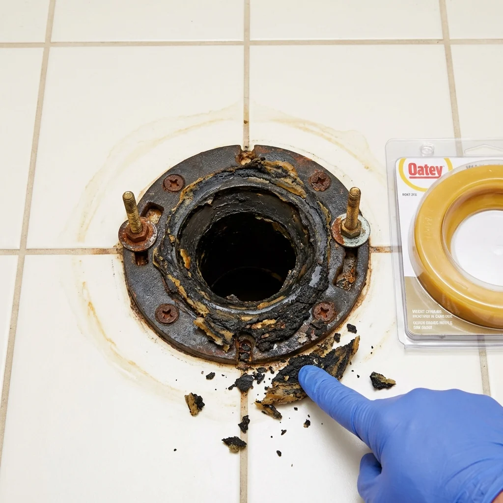 Failed wax ring showing water seepage at the base of a toilet in a Milan, MI home