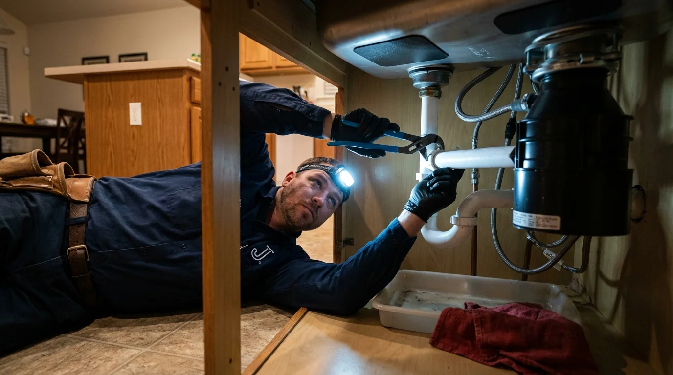 P-trap and supply line connections under a kitchen sink showing a common leak point in Milan, MI